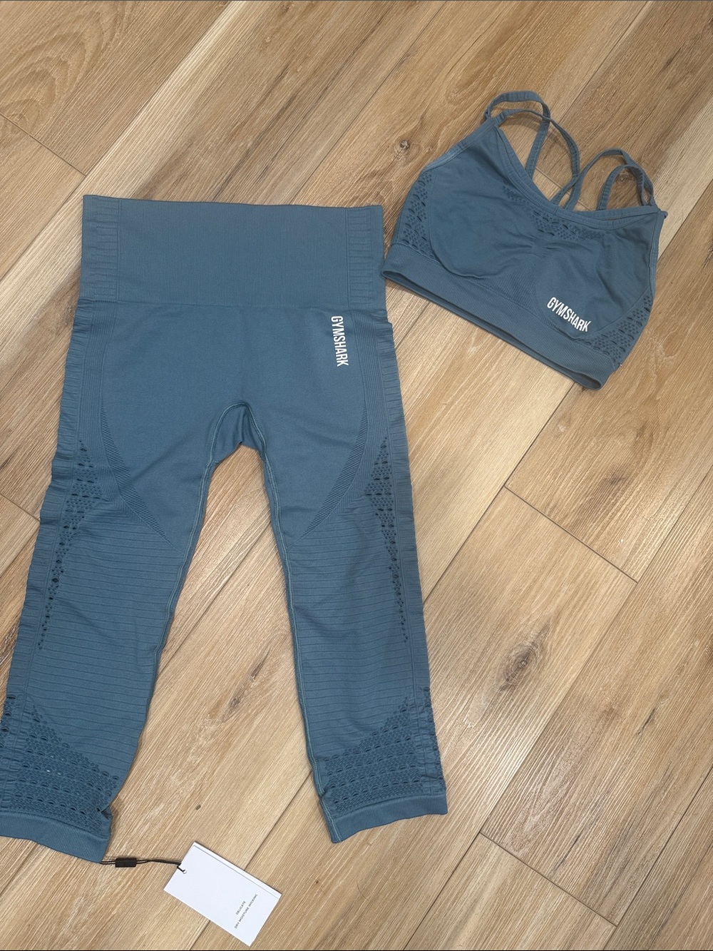 Gymshark Energy Seamless Blue Gray Cropped Leggings & Sports Bra Set